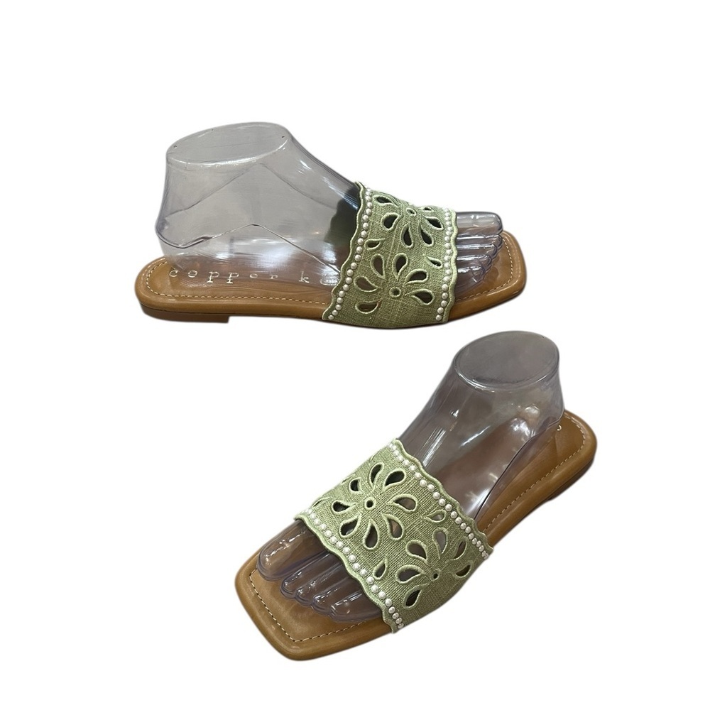 Cooper Key Green Embroidered Cutout Floral with Peral Bands Slip On Flat Sandals